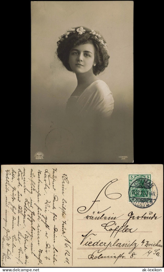 Frühe Fotokunst Frau Haarschmuck 1911   Gel Stempel COLMAR Bach Niederplanitz - Bekende Personen