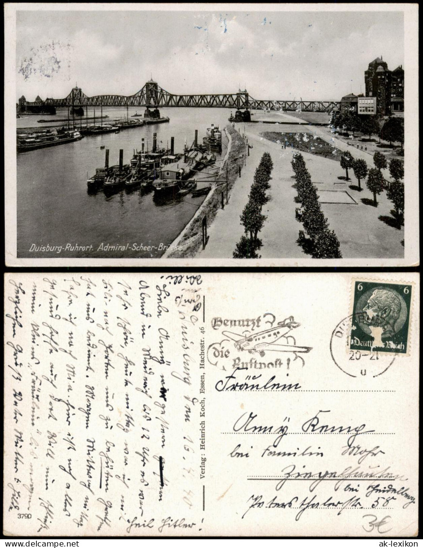Ansichtskarte Ruhrort-Duisburg Dampfer Steamer Admiral-Scheer-Brücke 1939 - Duisburg