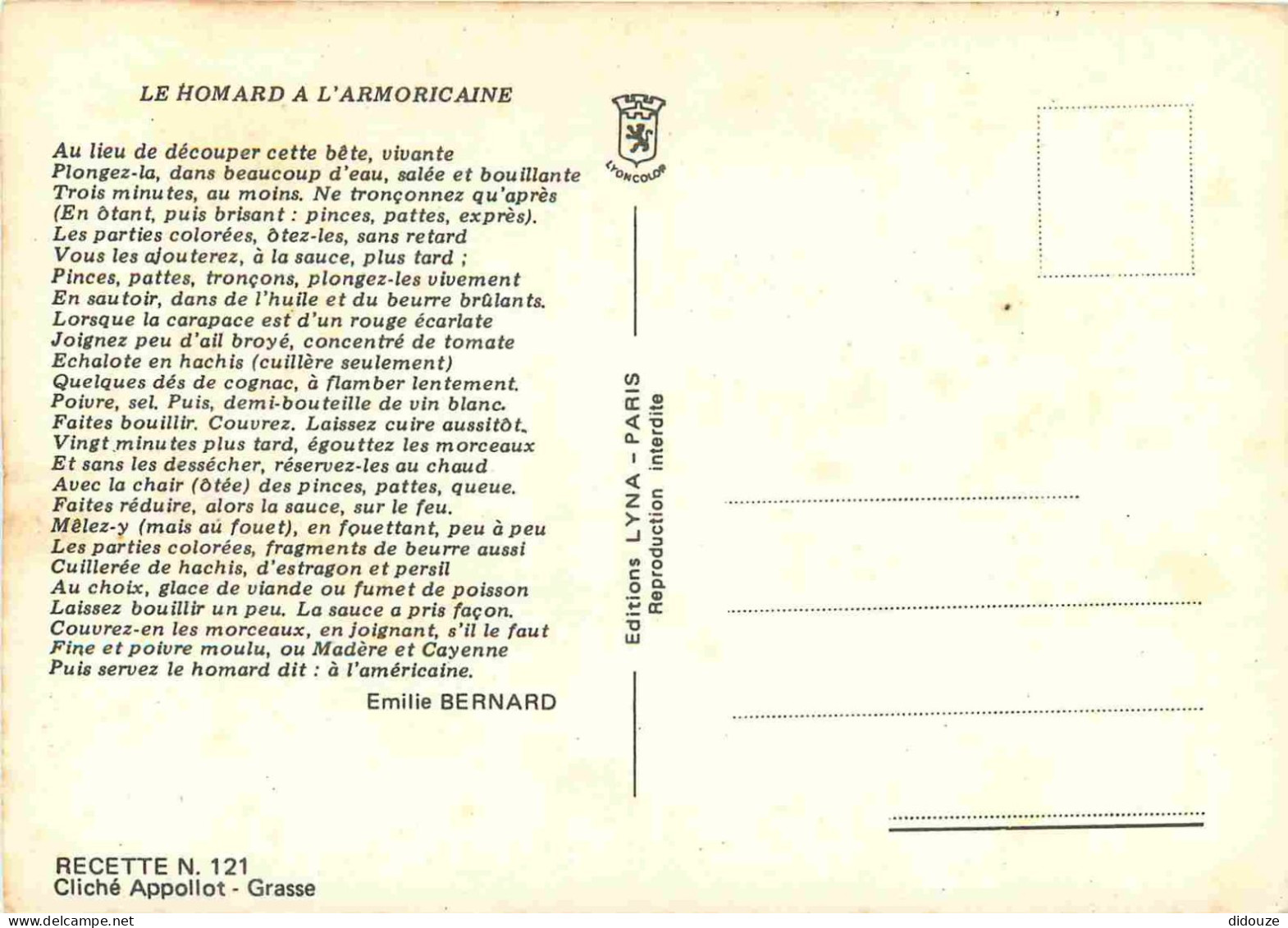 Recettes De Cuisine - Homard à L'Armoricaine - Gastronomie - CPM - Voir Scans Recto-Verso - Recettes (cuisine)