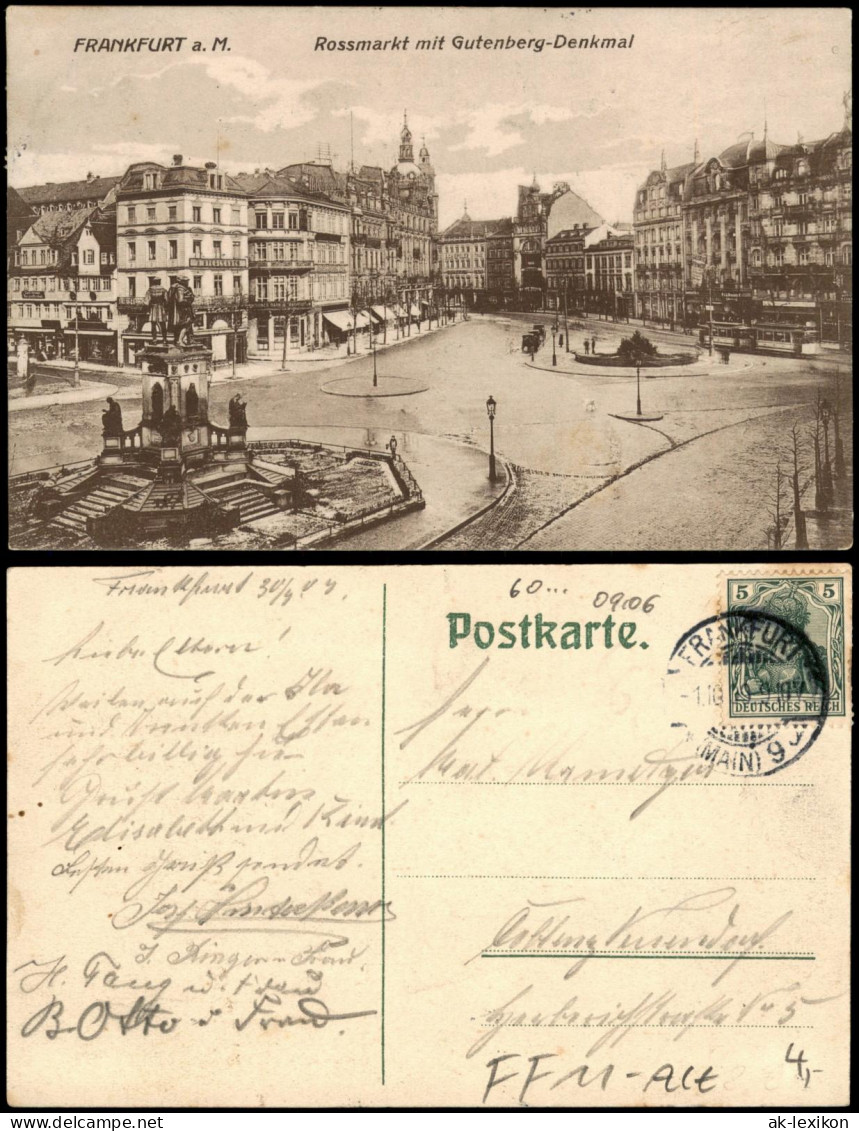 Ansichtskarte Frankfurt Am Main Roßmarkt Und Gutenbergdenkmal 1909 - Frankfurt A. Main