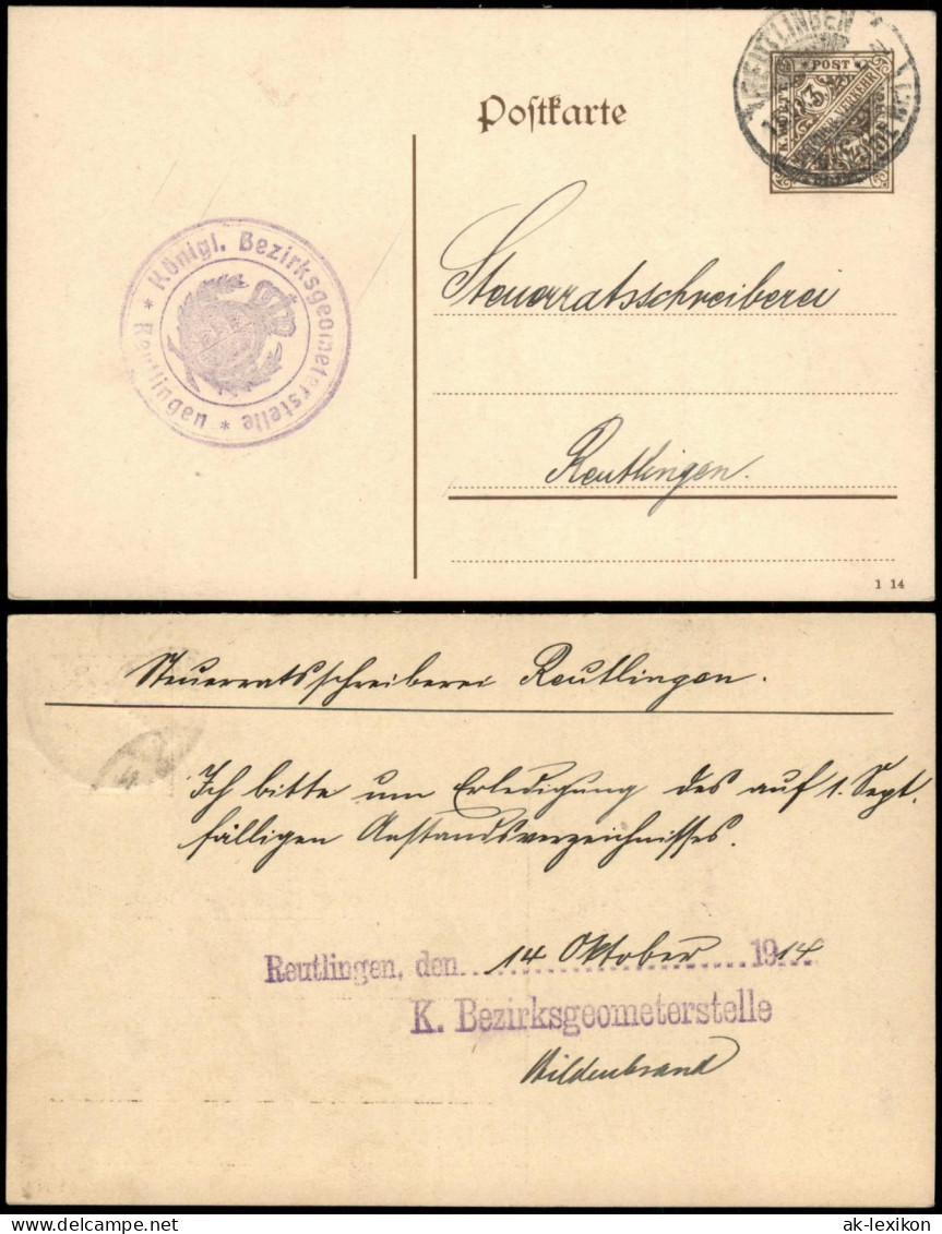 Ganzsache  Reutlingen Stempel Bezirksgeometerstelle (Heimatbeleg) 1914 - Reutlingen