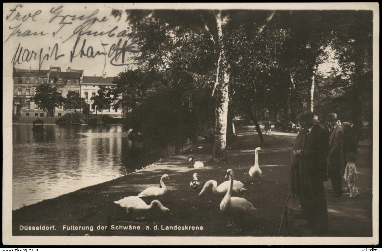 Ansichtskarte Düsseldorf Fütterung Der Schwäne A. D. Landeskrone 1932 - Düsseldorf