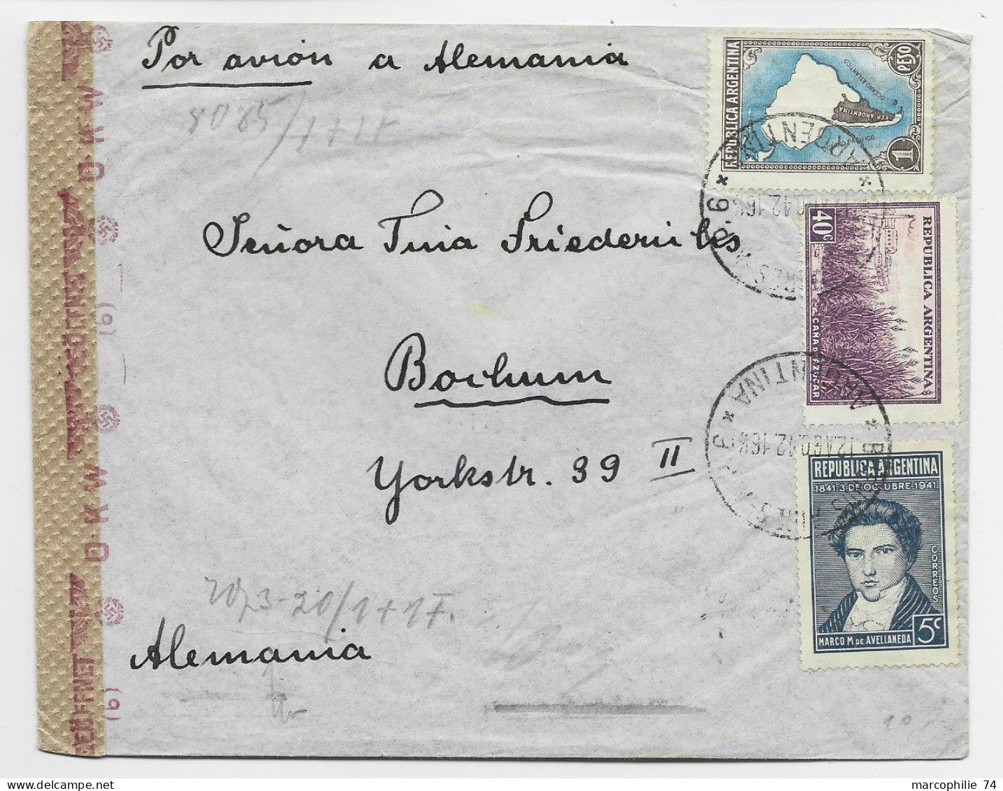 ARGENTINA LETTRE COVER AVION BUENOS AYRES 1942 TO GERMANY  VIA PORTUGAL CENSURE NAZO OKW - Covers & Documents