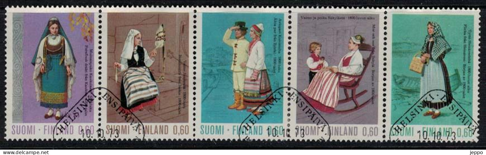 1973 Finland, National Costumes 5-strip FD Stamped. - Usati