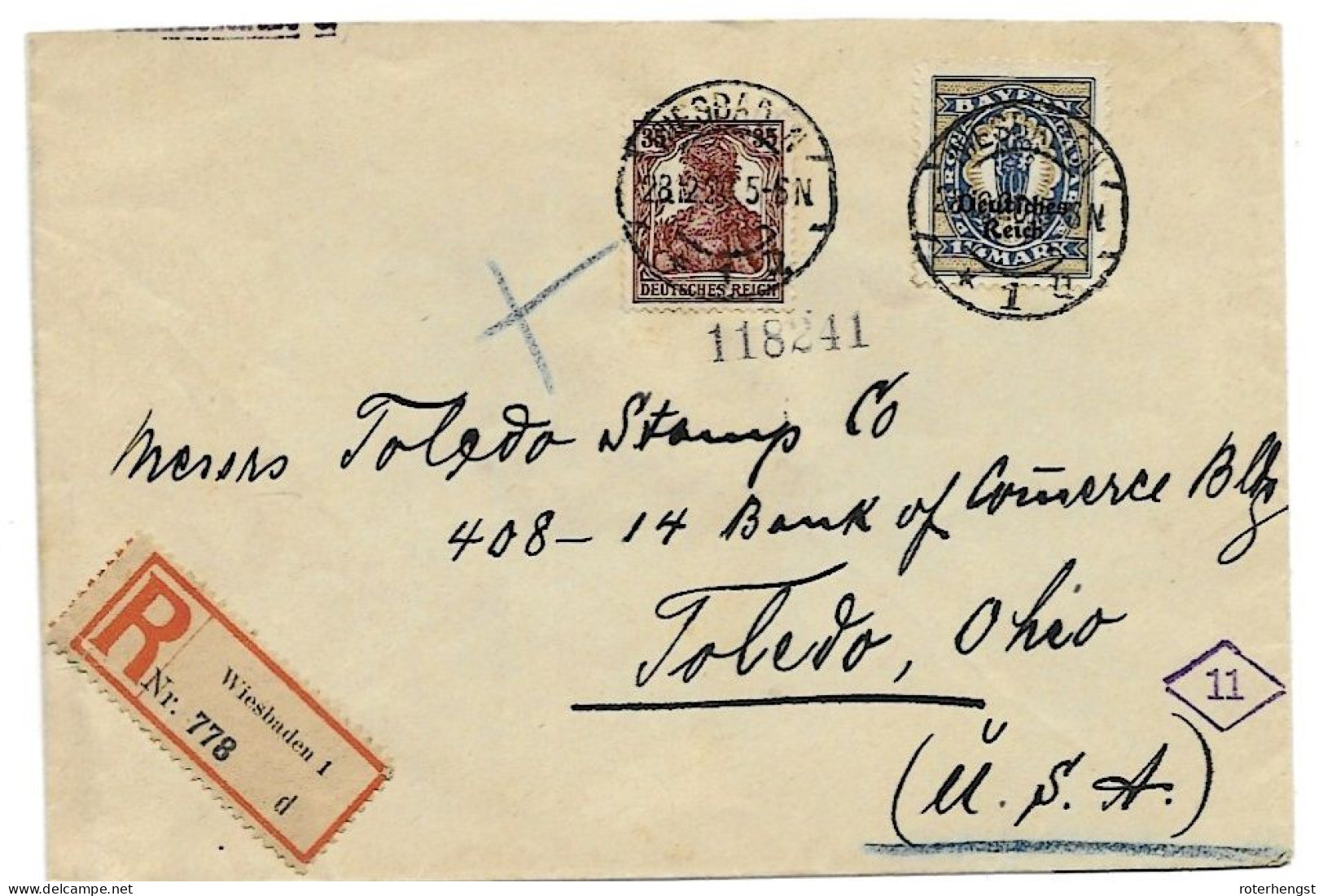 Germany Wiesbaden R-letter To USA 28.12.1920 (arrival And Transit Cancels On Back) - Lettres & Documents