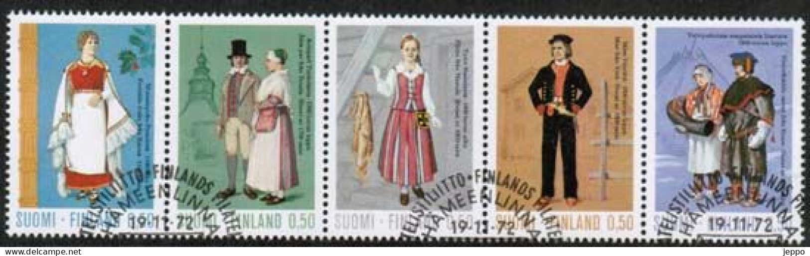 1972 Finland, National Costumes 5-strip FD Stamped. - Gebraucht