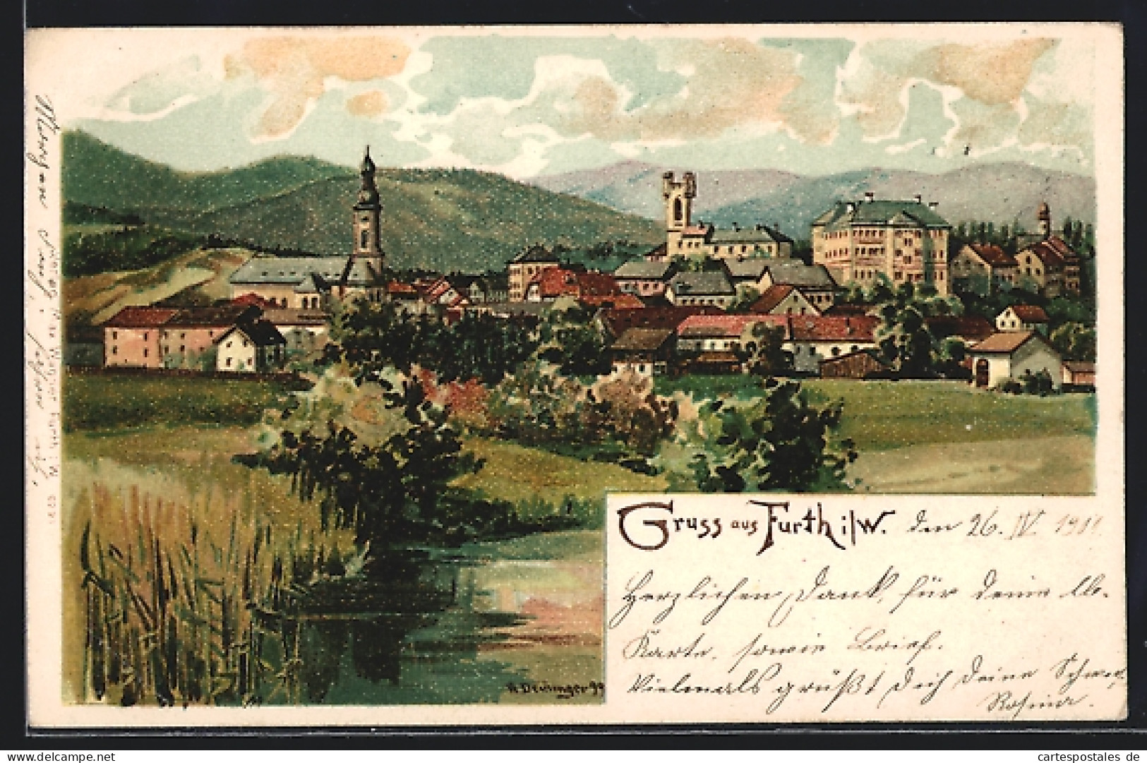 Lithographie Furth I. W., Ortsansicht Mit Kirche  - Furth