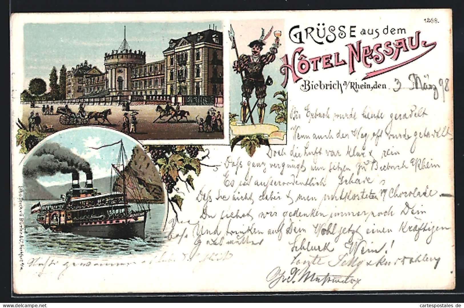 Lithographie Wiesbaden-Biebrich, Blick Auf Das Hotel Nassau Mit Soldatenfigur Und Dampfer  - Wiesbaden