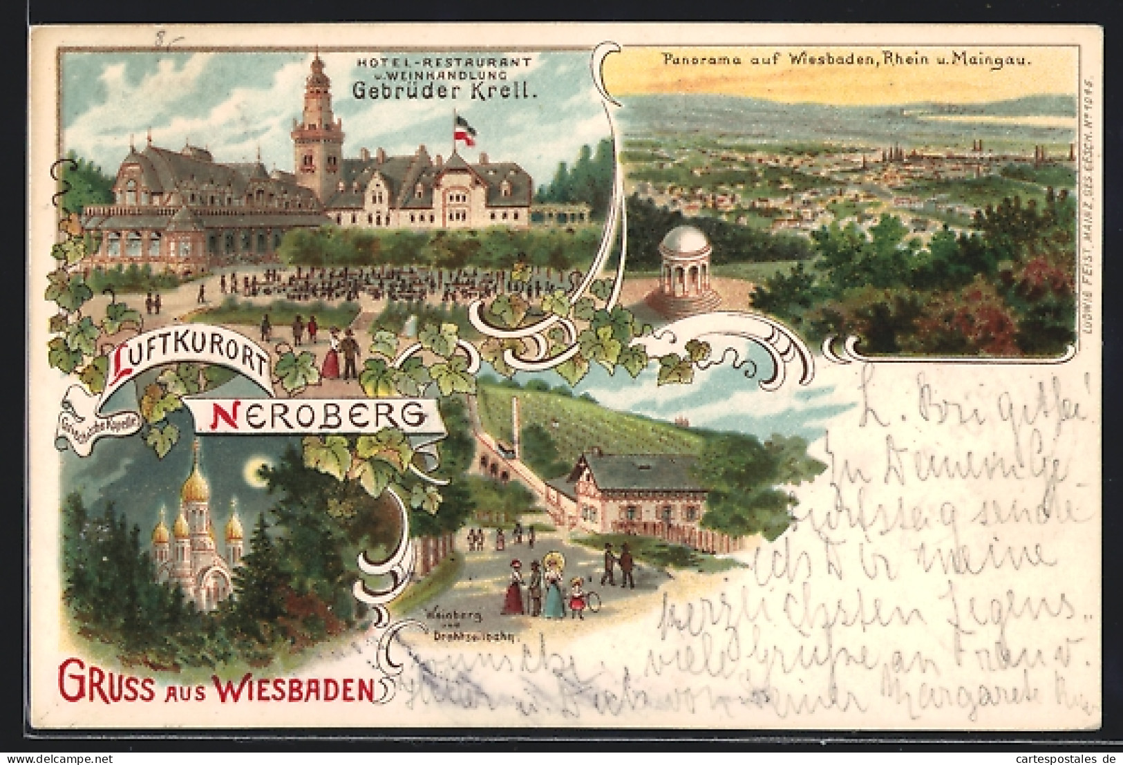 Lithographie Wiesbaden, Neroberg, Hotel-Restaurant U. Weinhandlung Gebr. Krell, Weinberg Und Drahtseilbahn  - Wiesbaden