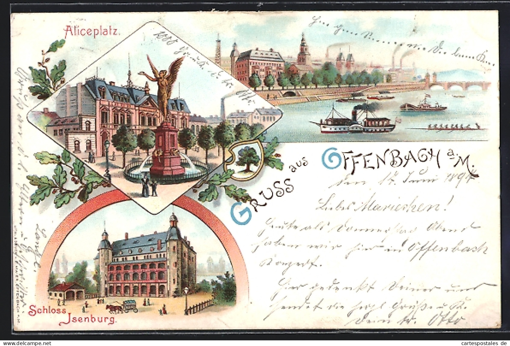 Lithographie Offenbach A. M., Aliceplatz, Schloss Isenburg, Totalansicht  - Offenbach