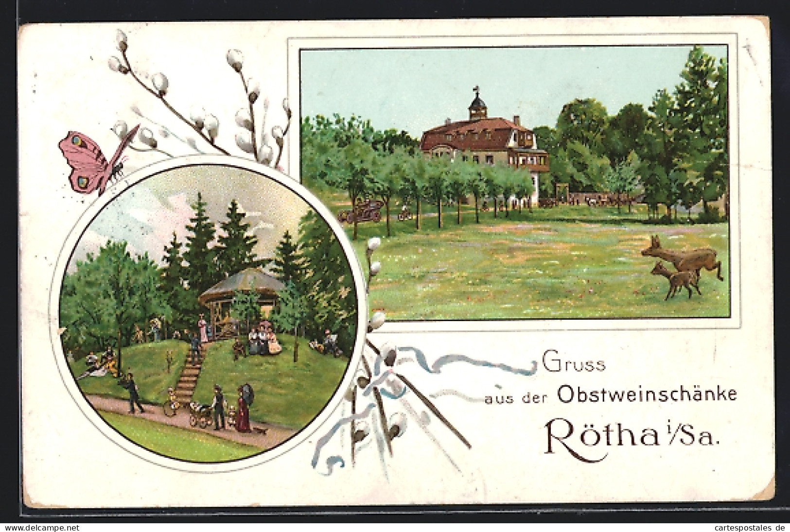 Lithographie Rötha, Gasthaus Obstweinschänke  - Rötha