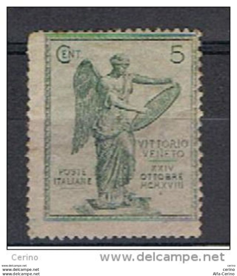 REGNO  VARIETA':  1921  VITTORIA  ALATA  -  5 C. VERDE  N. -  CORONA  SX. -  C.E.I.  116 A - Mint/hinged