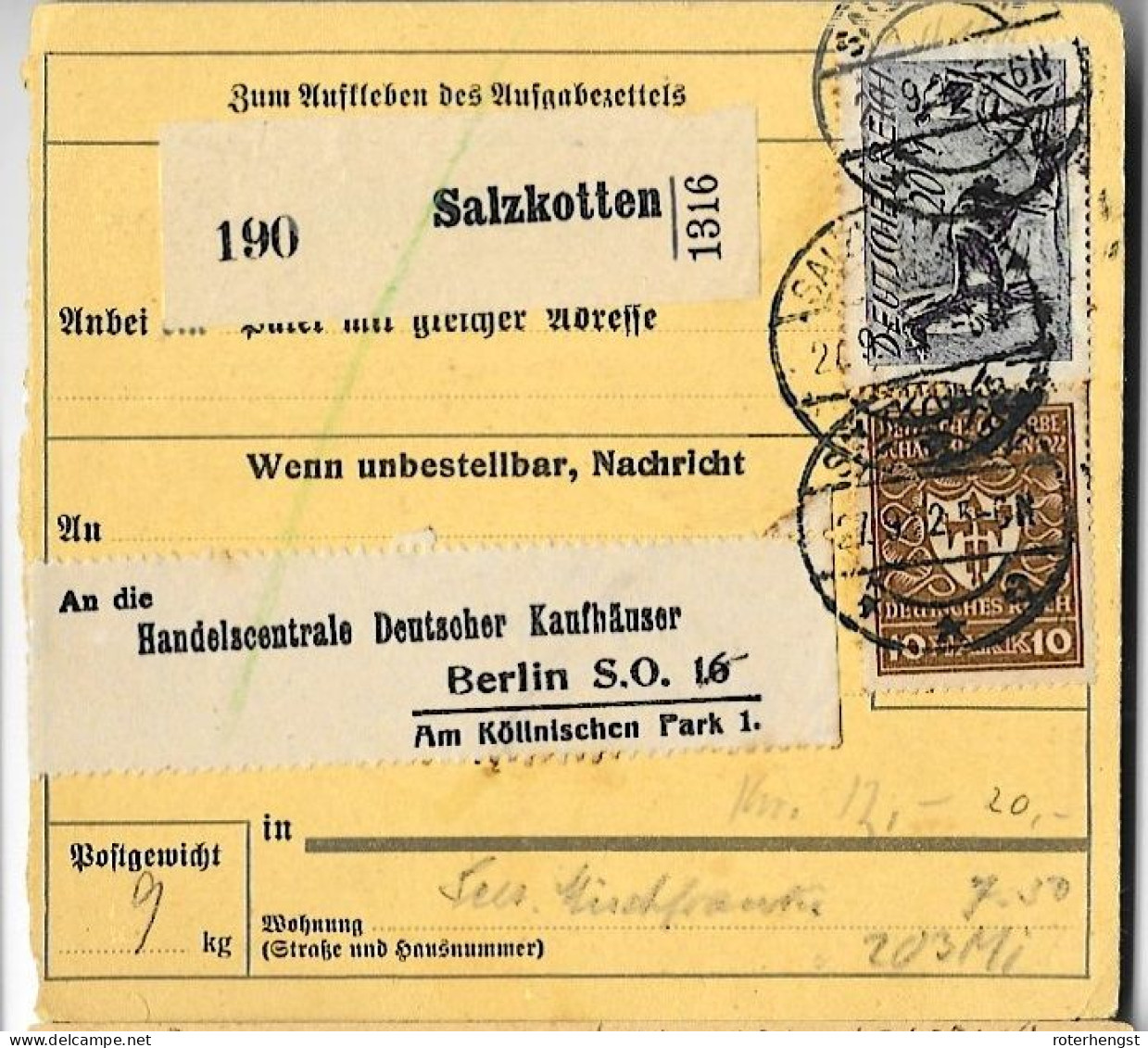 Germany Salzkotten To Berlin Aufgabezettel 27.09.1922 - Lettres & Documents
