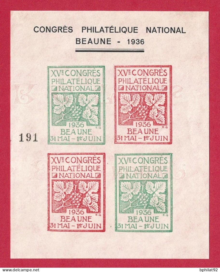 !!! BLOC FEUILLET DU CONGRÈS PHILATÉLIQUE NATIONAL, EXPOSITION DE BEAUNE DE 1936 - Expositions Philatéliques