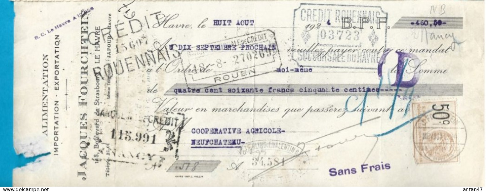 Traite 1924 / 76 LE HAVRE / Importation Exportation Alimentation FOURCHTEIN - Lettres De Change