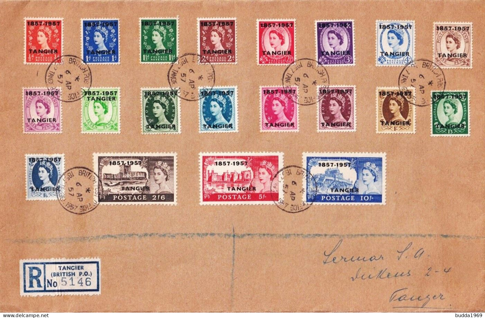 TANGER 1957-REGISTERED COVER WITH COMPLETE SET-RARE! - Morocco Agencies / Tangier (...-1958)