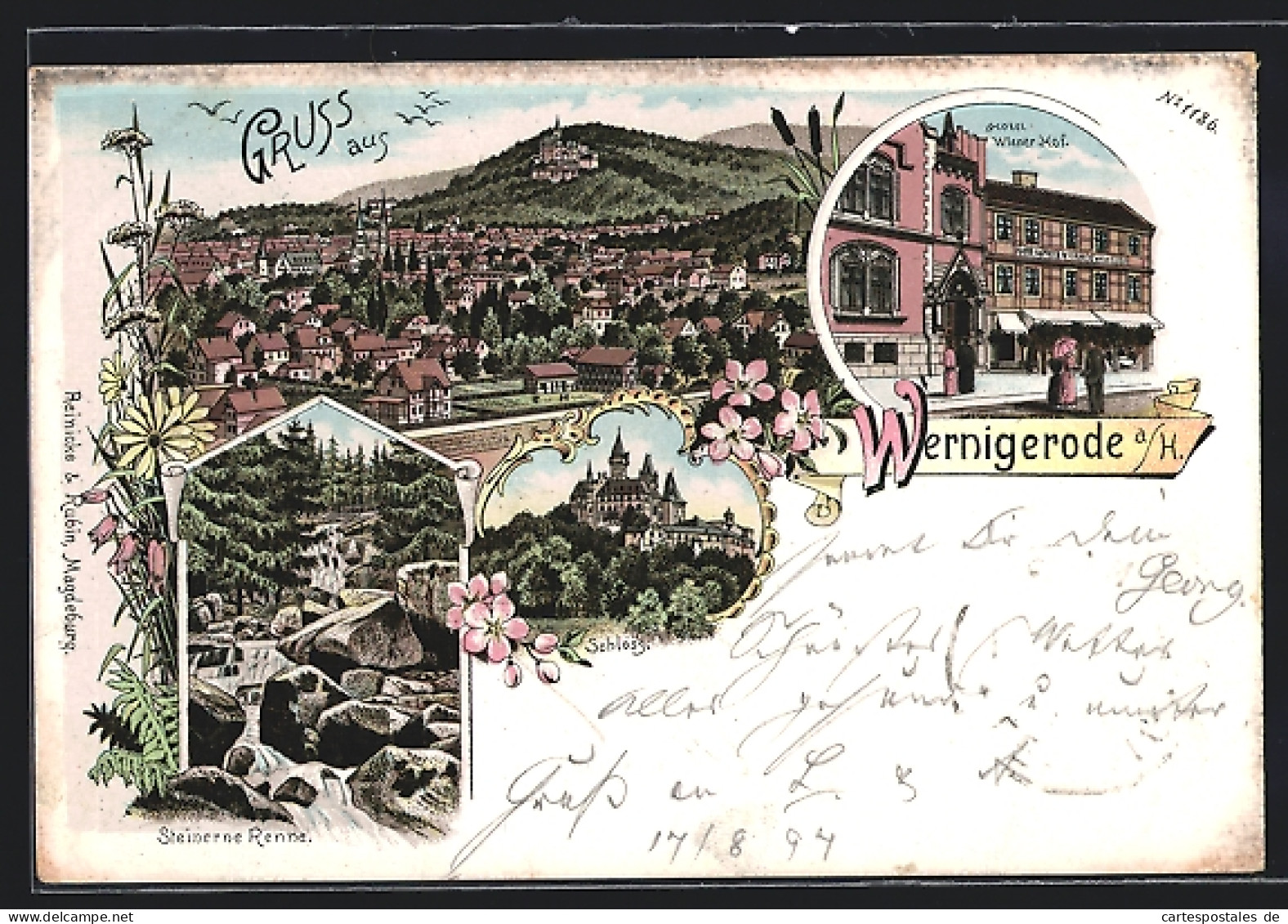Lithographie Wernigerode, Hotel Wiener Hof, Schloss, Steinerne Renne  - Wernigerode