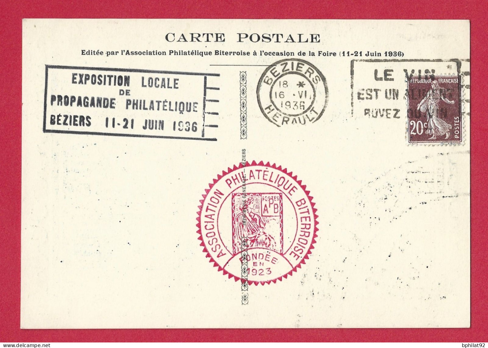 !!! CARTE POSTALE DE L'EXPOSITION DE PROPAGANDE PHILATÉLIQUE DE BÉZIERS DE JUIN 1936, AVEC PUBLICITÉ - Philatelic Fairs