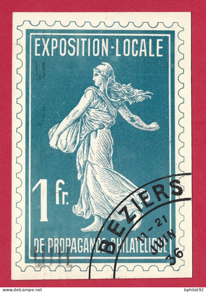 !!! CARTE POSTALE DE L'EXPOSITION DE PROPAGANDE PHILATÉLIQUE DE BÉZIERS DE JUIN 1936, AVEC PUBLICITÉ - Filatelistische Tentoonstellingen