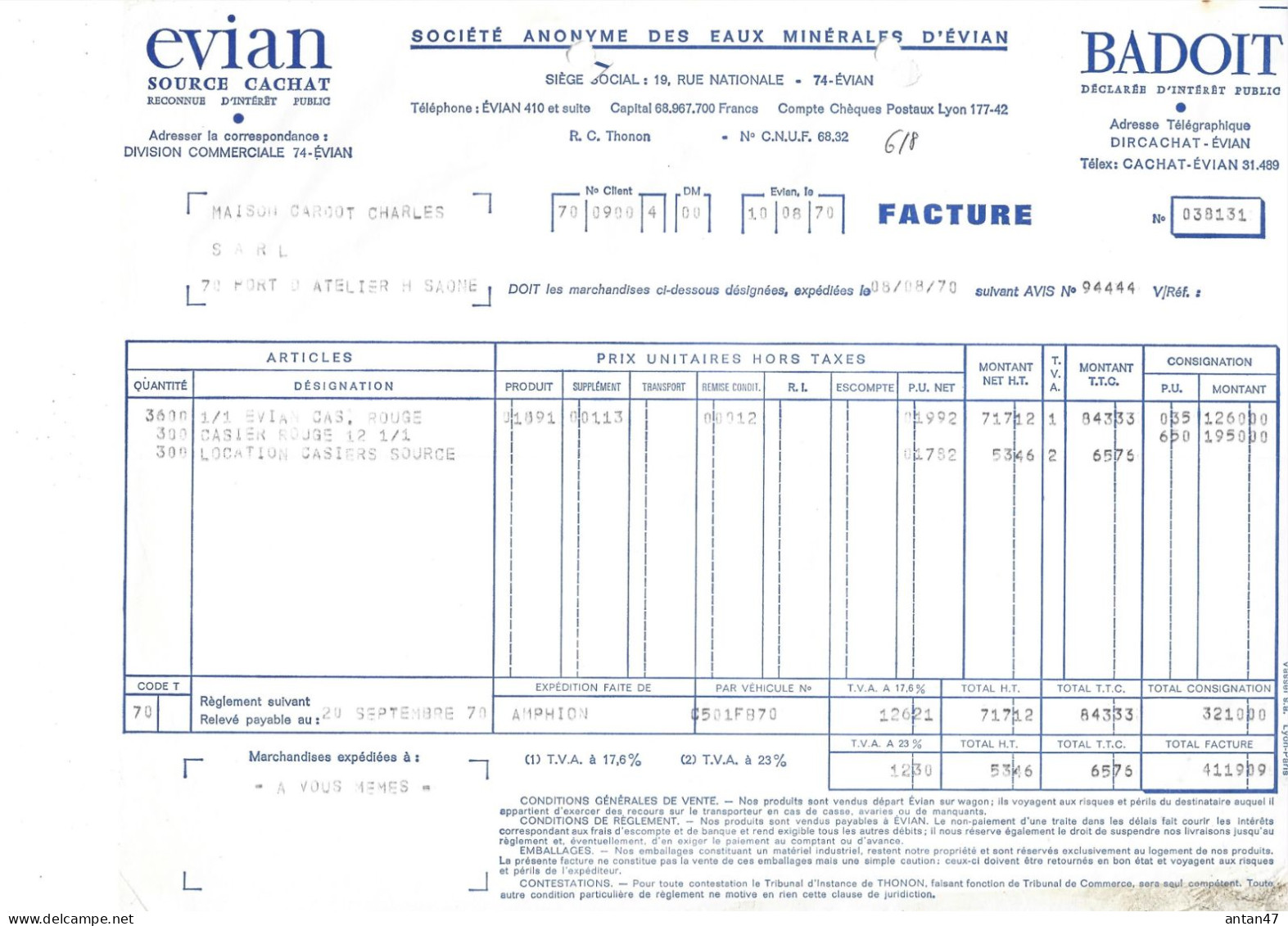 6 Factures 1970-71 / 74 EVIAN / Eau Source CACHAT / BADOIT, FRUITE - Levensmiddelen