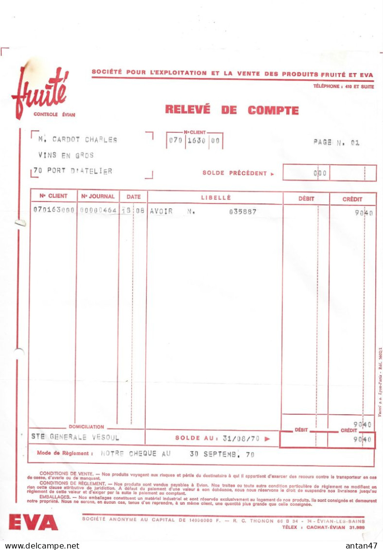 6 Factures 1970-71 / 74 EVIAN / Eau Source CACHAT / BADOIT, FRUITE - Alimentos