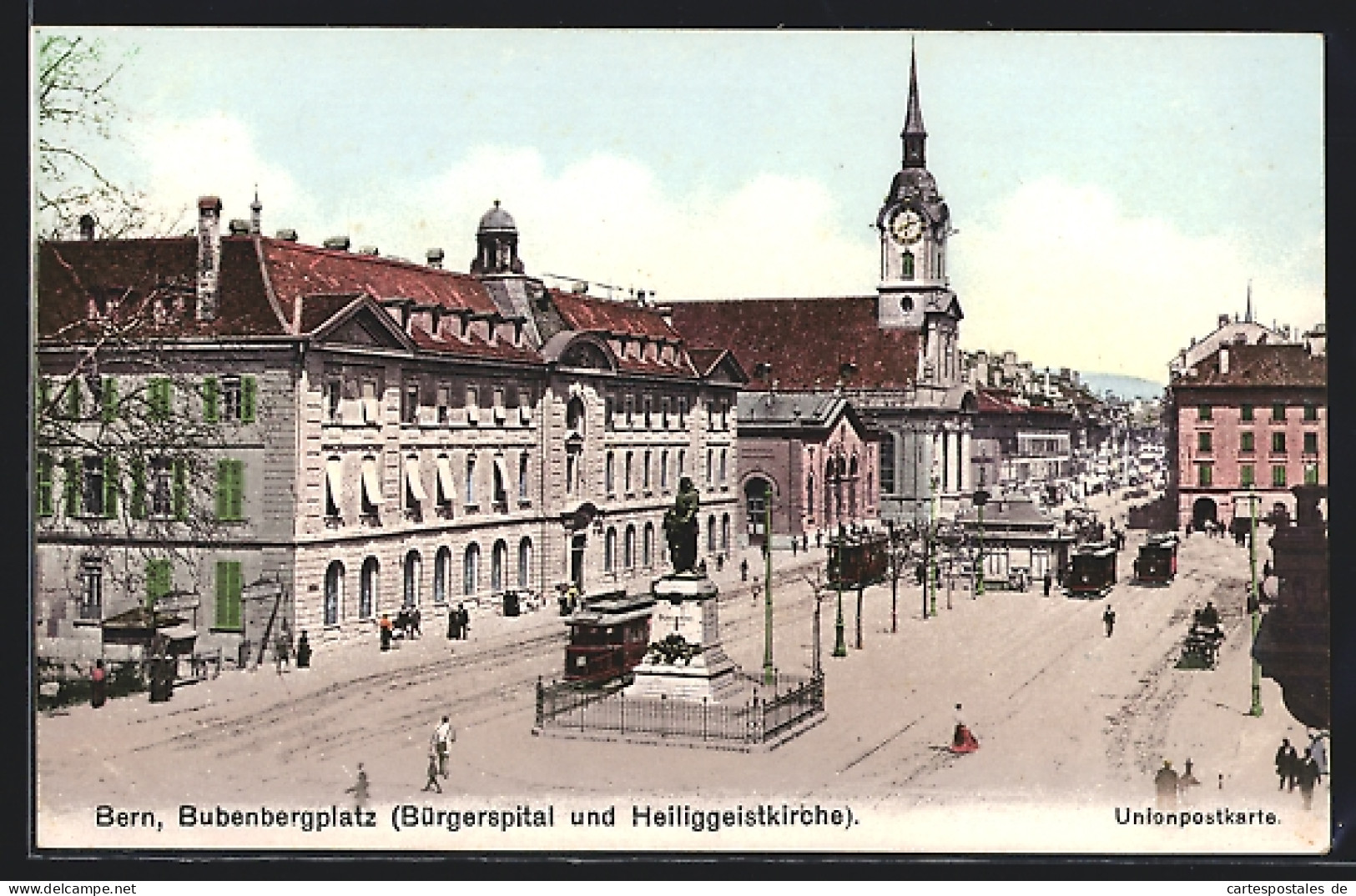 AK Bern, Bubenbergplatz Mit Bürgerspital Und Heiliggeistkirche, Strassenbahnen  - Tranvía