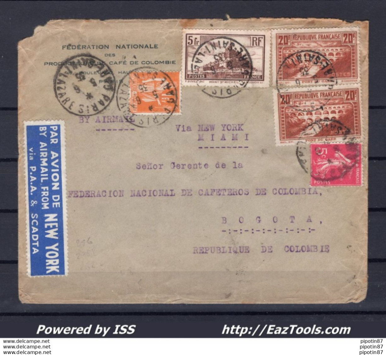 FRANCE LETTRE PAR AVION POUR BOGOTA AFF 46.05Fr DONT PONT DU GARD DU 05/06/1935 - Lettres & Documents