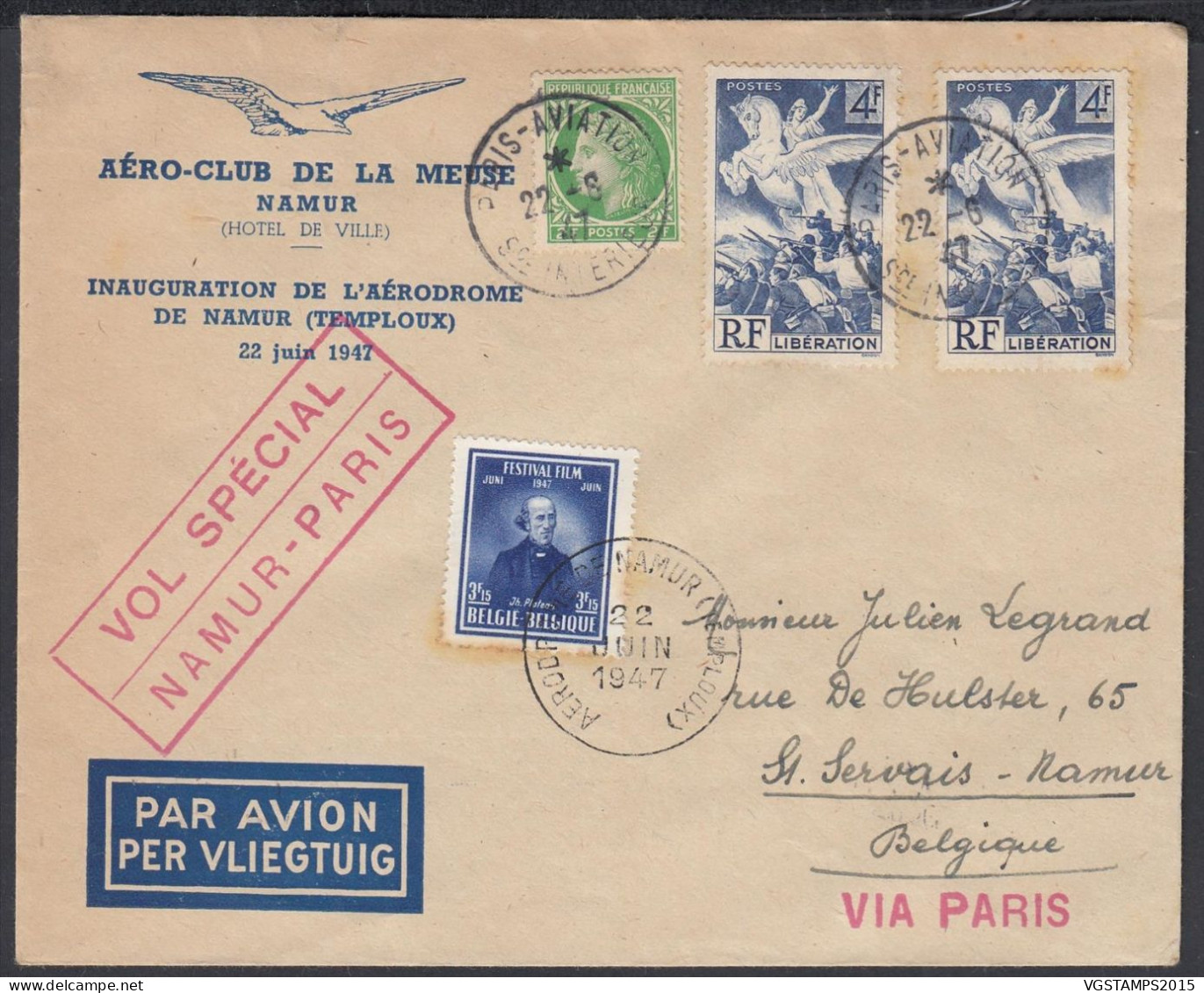 France 1947 - Lettre Par Avion- Vol Spécial Namur-Paris. Petit Défaut............... (EB) AR-2729 - Used Stamps