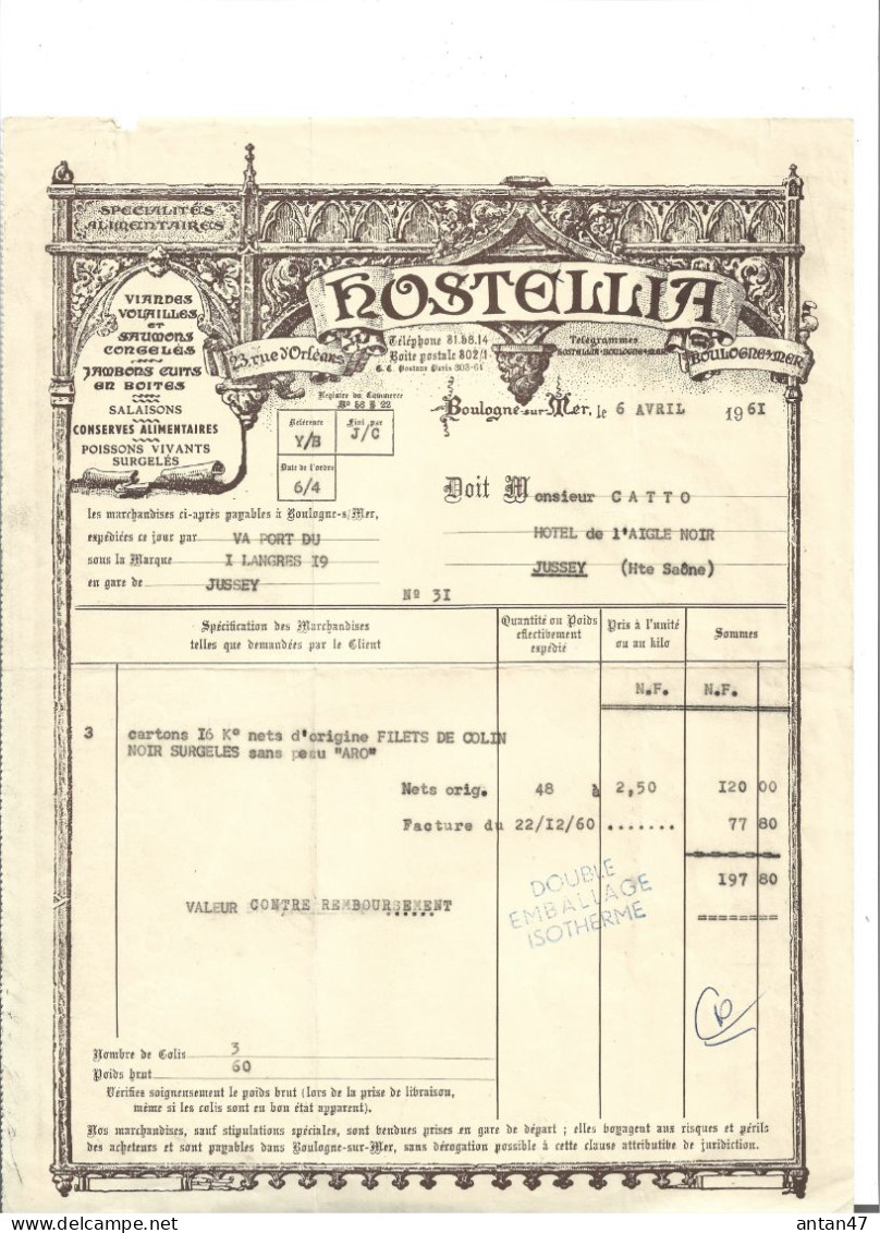 2 Factures Illustrées 1957-61 / 60 BOULOGNE SUR MER / HOSTELLA / Salaisons, Saumons Poissons Congelés - Alimentaire