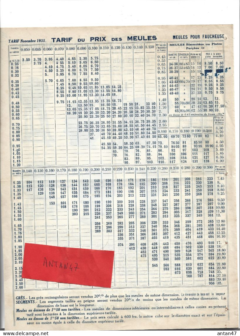 Tarif 4 Pages 1935 / 88 BAINS / GURY Fabrique Meules En Grès Des Carrières Vosges LANGRES / Commission Exportation - 1900 – 1949