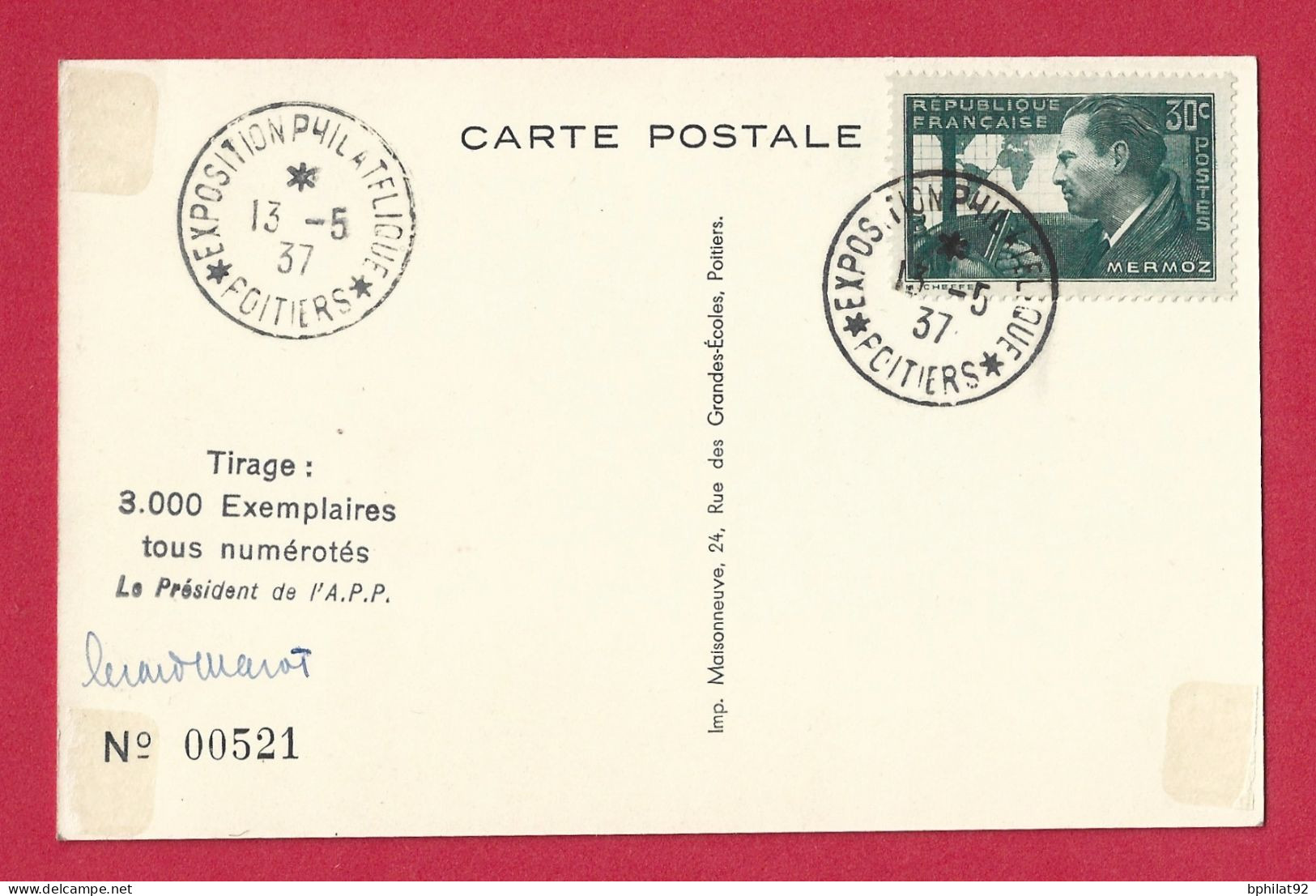 !!! CARTE POSTALE NUMÉROTÉE DE L'EXPOSITION PHILATÉLIQUE DE POITIERS DE MAI 1937 - Briefmarkenmessen