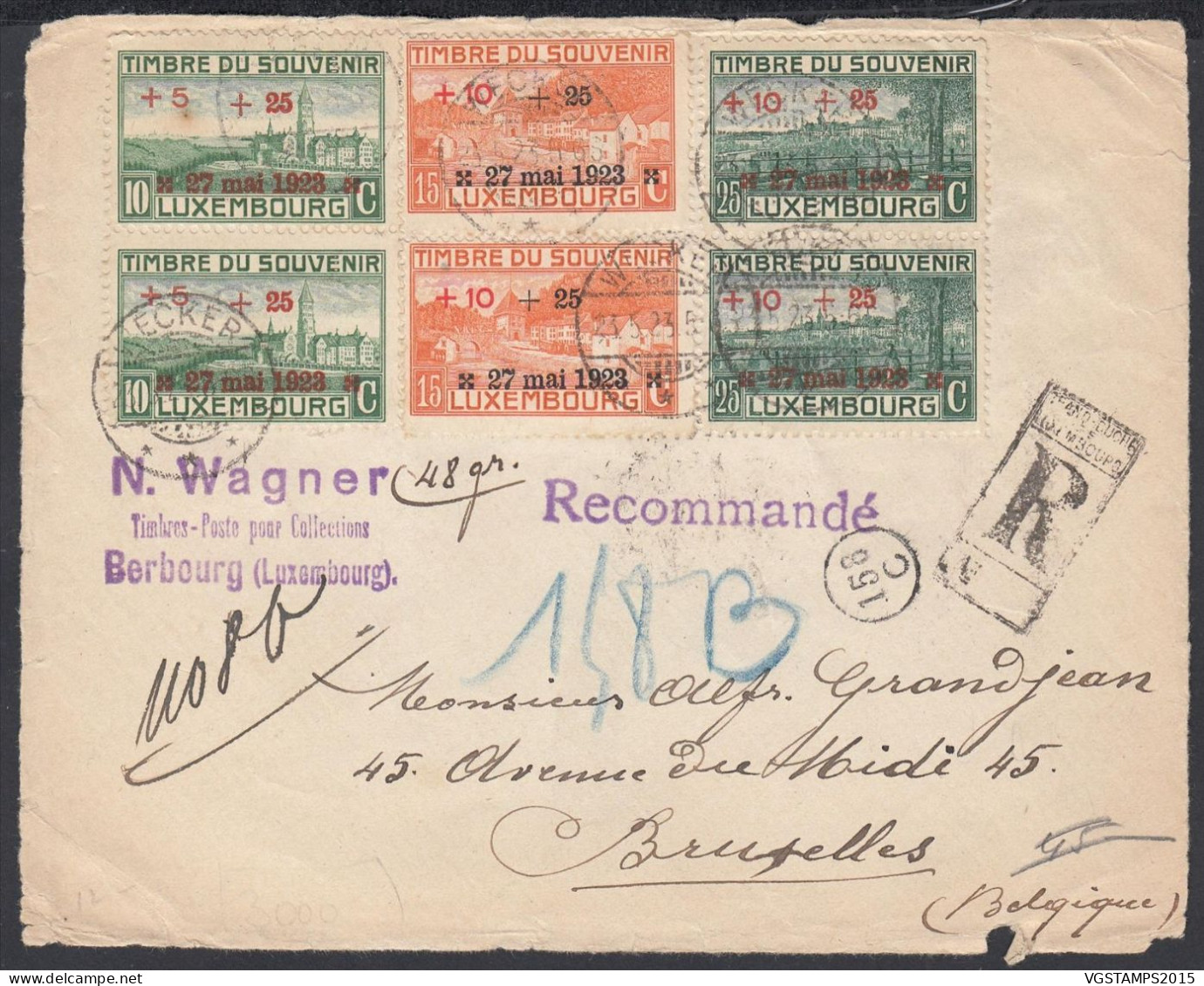 Luxembourg 1923 - Devant De Lettre Recommandée Avec Mi Nr.: 144/146 Et Prifix Nr.: 142/144 (x2).. (EB) AR-02731 - Oblitérés