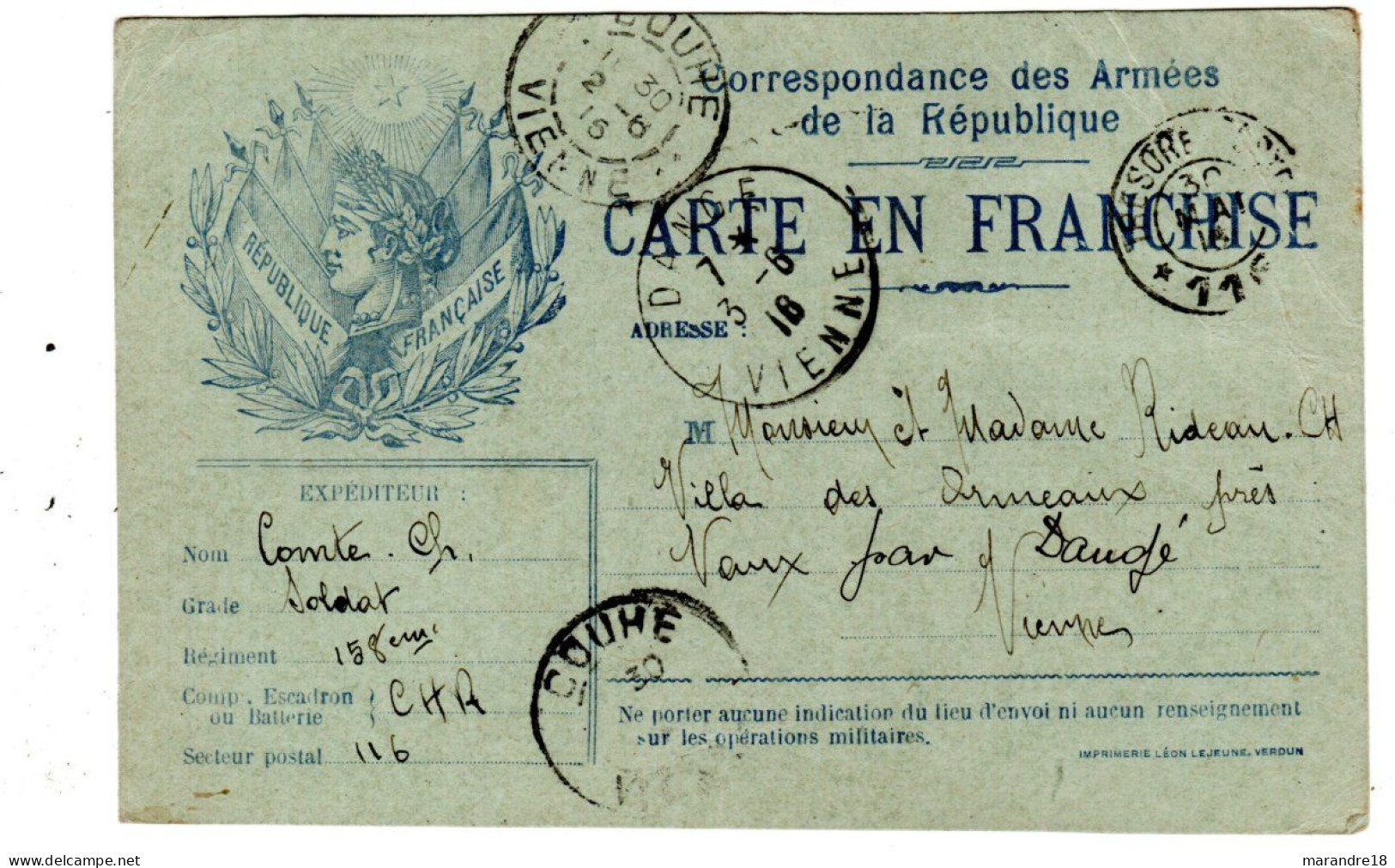 Correspondance Des Armées De La République , Carte En Francise 1916 - Guerra De 1914-18