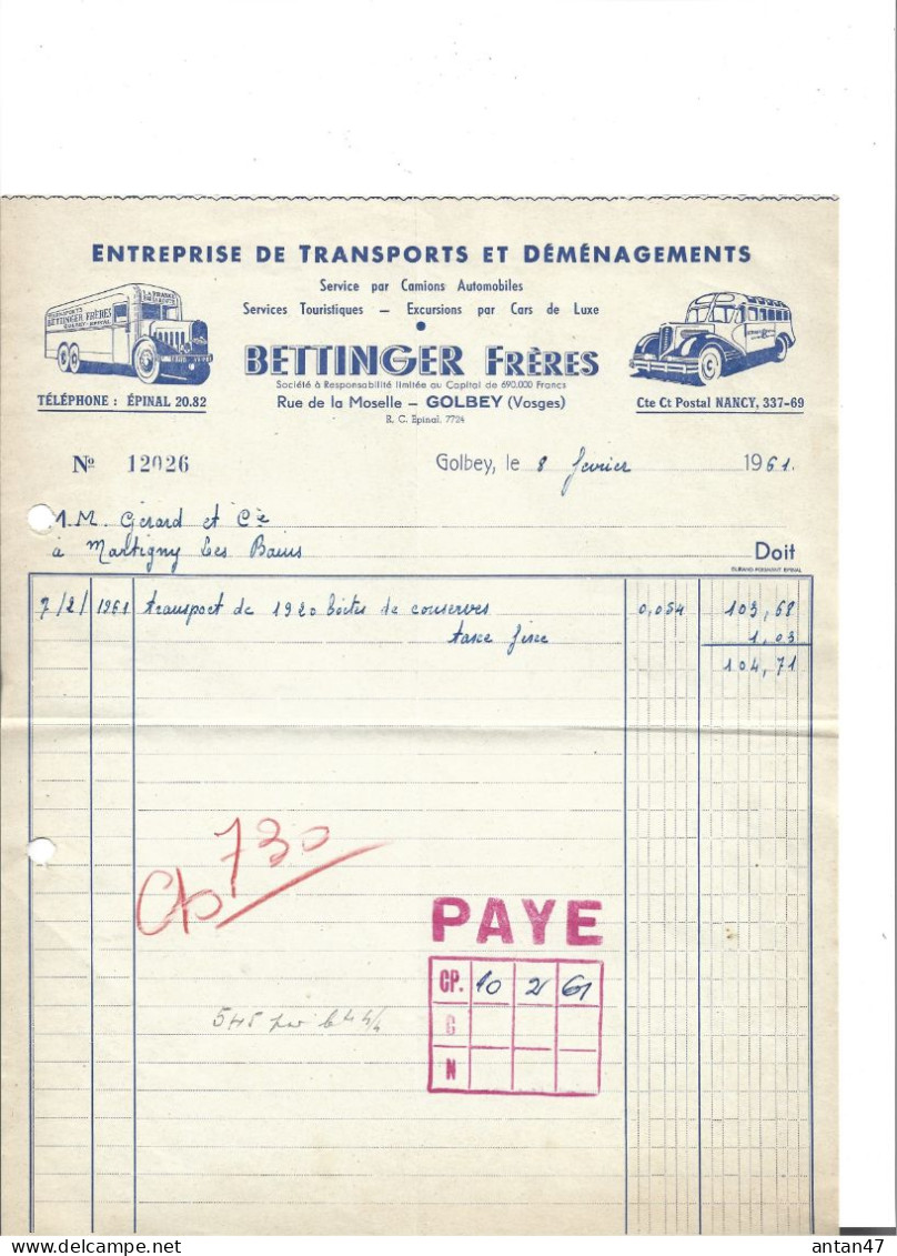 Facture Illustrée (camion) 1961 / ,88 GOLBEY / BETTINGER Transports Déménagements - Transport