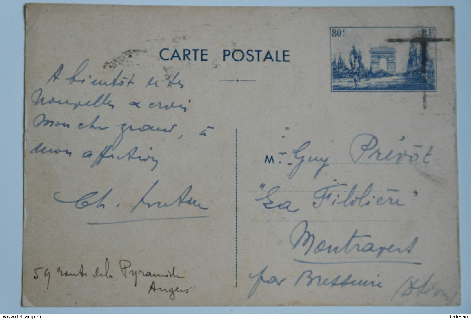 Entier Postal 80c Arc De Triomphe Paris 05.08.1940 - CHA03 - Guerre De 1939-45