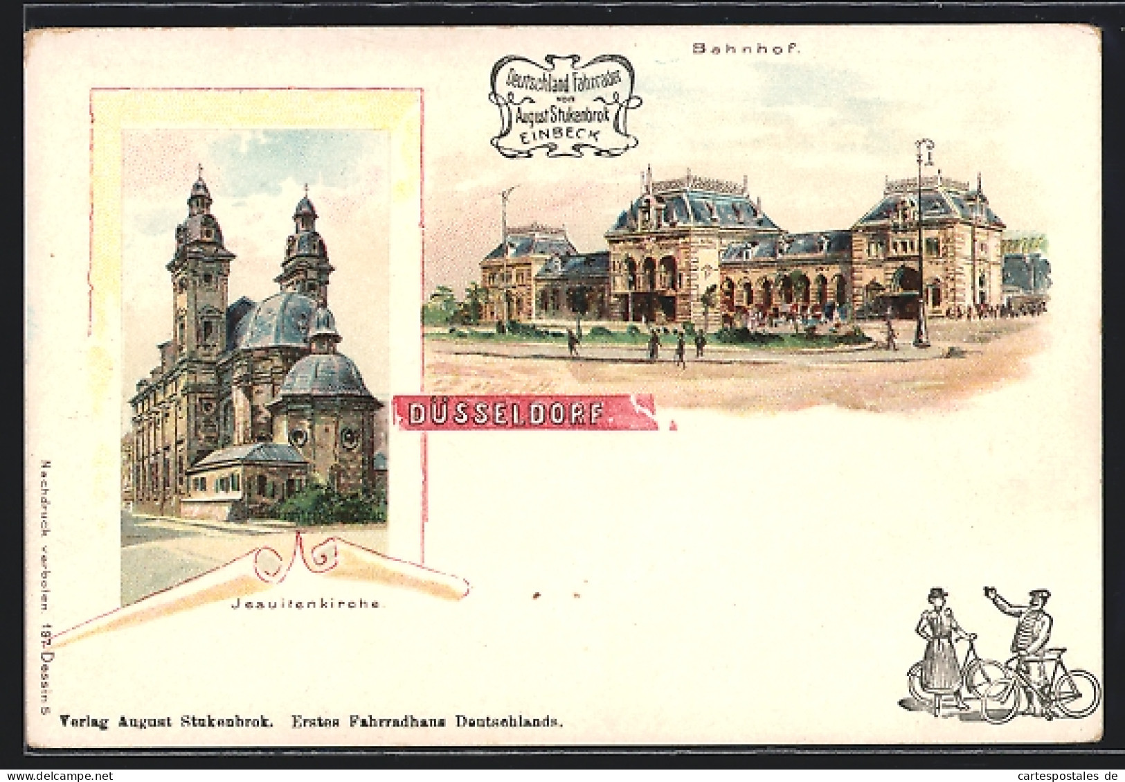 Lithographie Düsseldorf, Bahnhof, Jesuitenkirche, Reklame Für Fahrräder Von August Stukenbrok Einbeck  - Düsseldorf