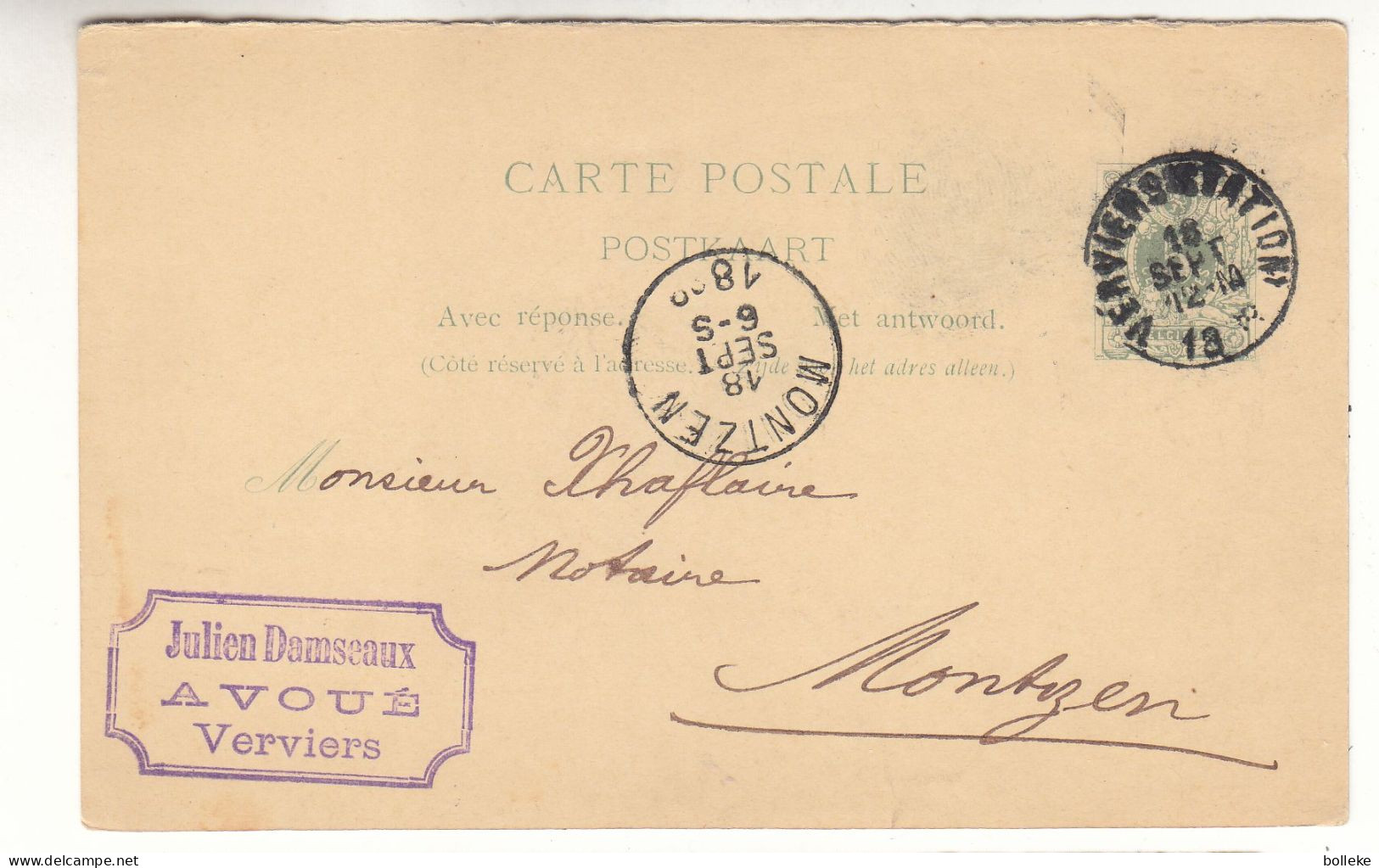 Belgique - Carte Postale De 1889 - Entier Postal - Oblit Verviers - Exp Vers Montzen - - Cartes Postales 1871-1909