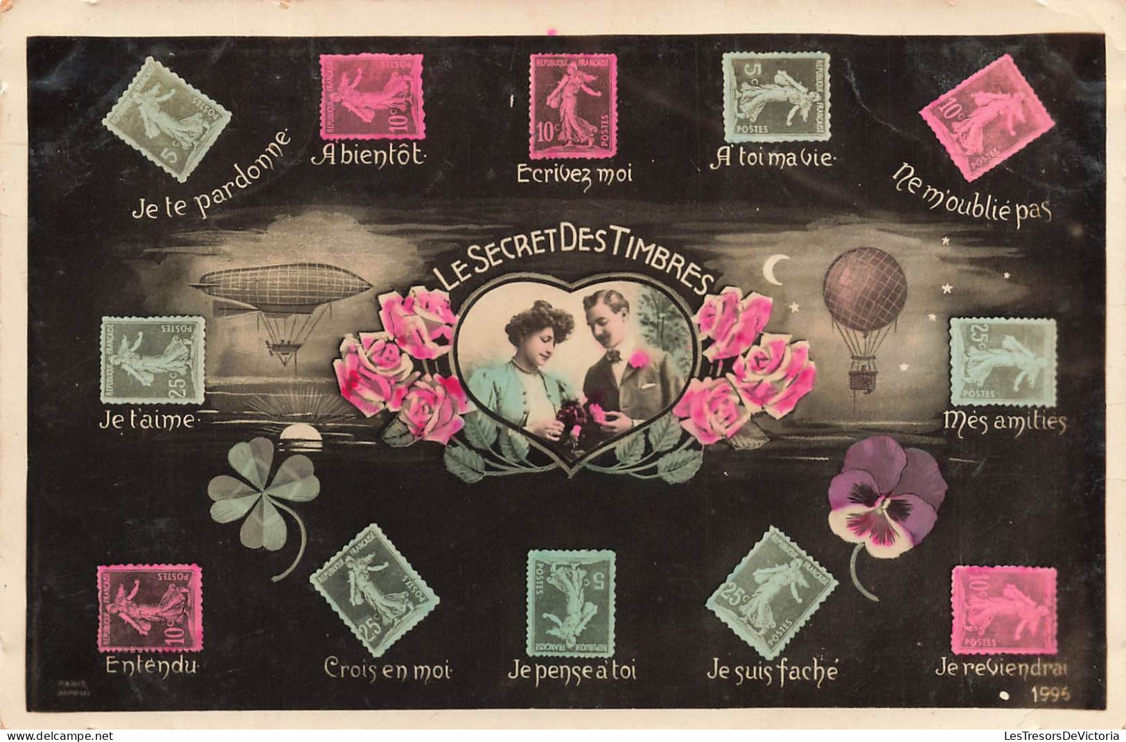 COUPLES - Le Secret Des Timbres - Pardon - A Bientôt - Ecrivez Moi - Mes Amitiés - Entendu - Carte Postale Ancienne - Couples