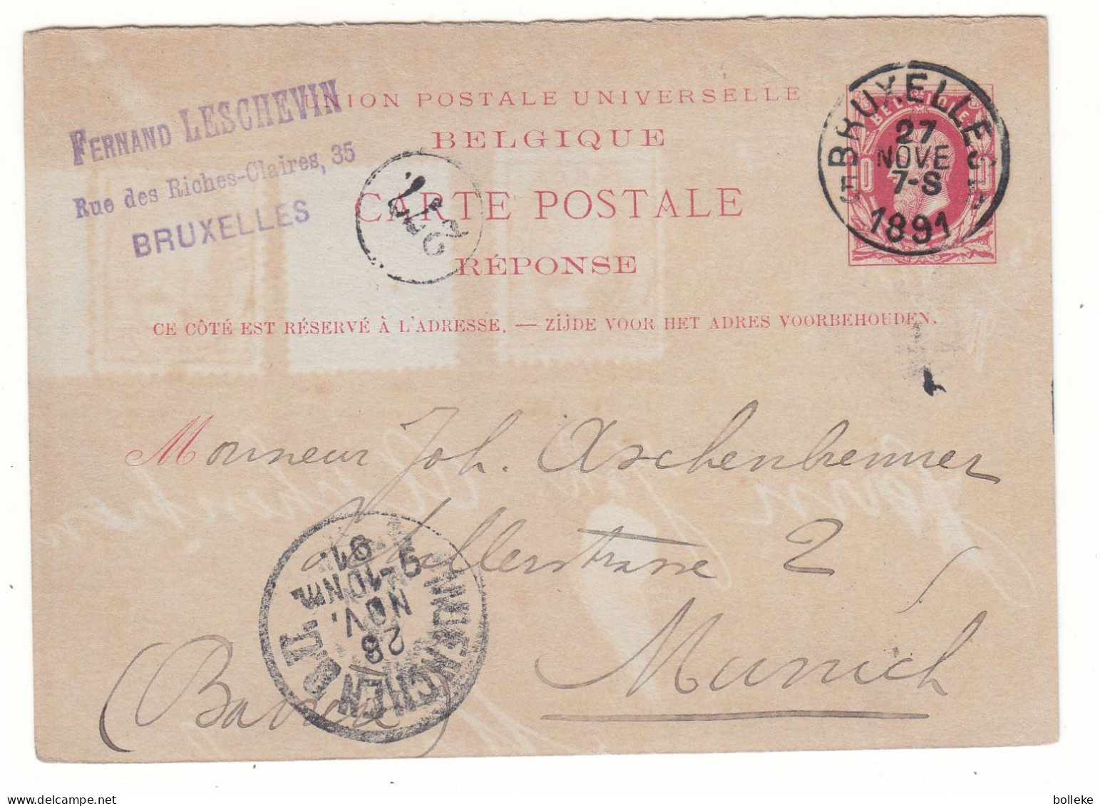 Belgique - Carte Postale De 1891 - Entier Postal - Oblit Bruxelles - Exp Vers Munich - - Cartes Postales 1871-1909