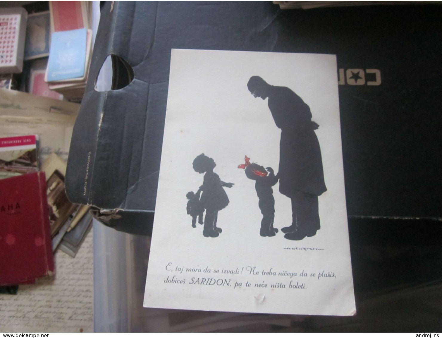 Saridon F Hoffmann La Roche Bale Advertising Postcard For Tablets, Silhouette Doctor, Children, Dentist, Doll, Toy Red S - Reclame