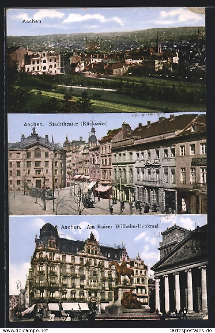 AK Aachen, Gesamtansicht, Stadttheater, Am Kaiser Wilhelm-Denkmal, Strassenbahn  - Tranvía