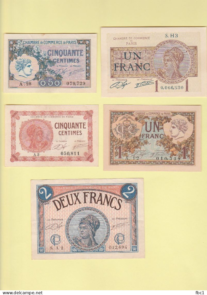 Lot De 5 Billets De La Chambre De Commerce De Paris - 50 Centimes (X2) 1 Franc (X2) Et 2 Francs - Chambre De Commerce