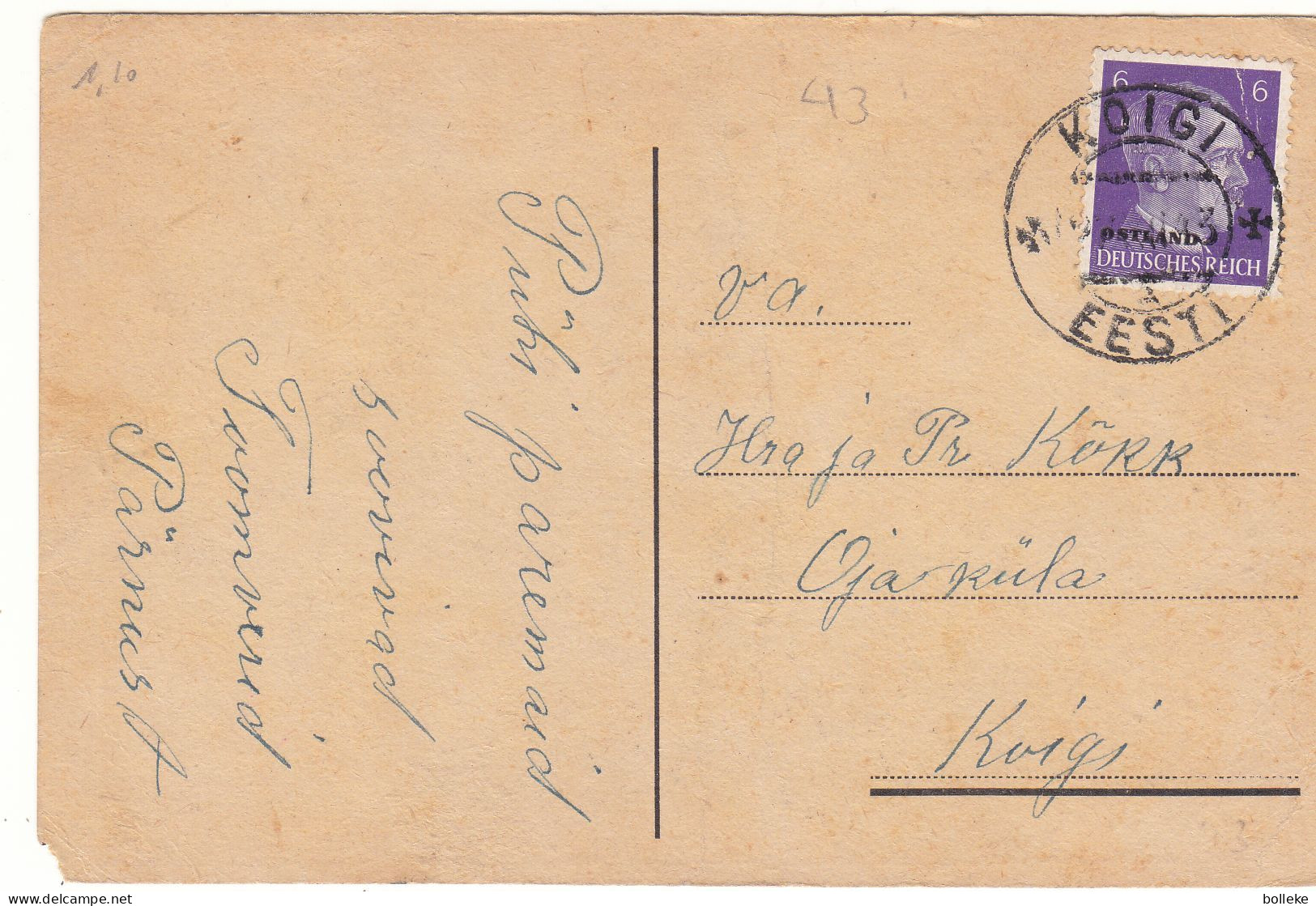 Allemagne - Ostland - Carte Postale De 1943 - Oblit Koigi - Exp Vers Koigi - Hitler - - Besetzungen 1938-45