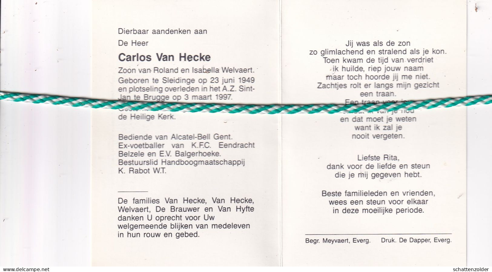 Carlos Van Hecke-Welvaert, Sleidinge 1949, Brugge 1997. Foto - Décès