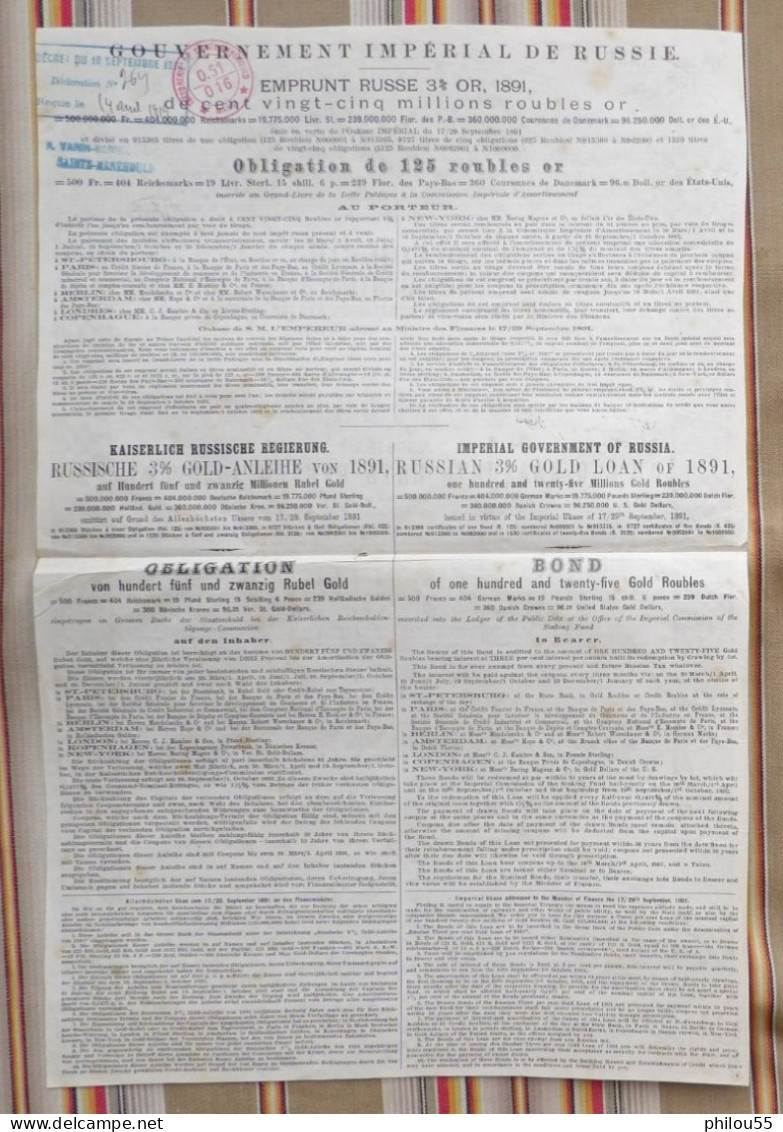 GOUVERNEMENT IMPERIAL DE  RUSSIE 1891 Emprunt 3% OR Tampon 51 SAINTE MENEHOULD - Rusland