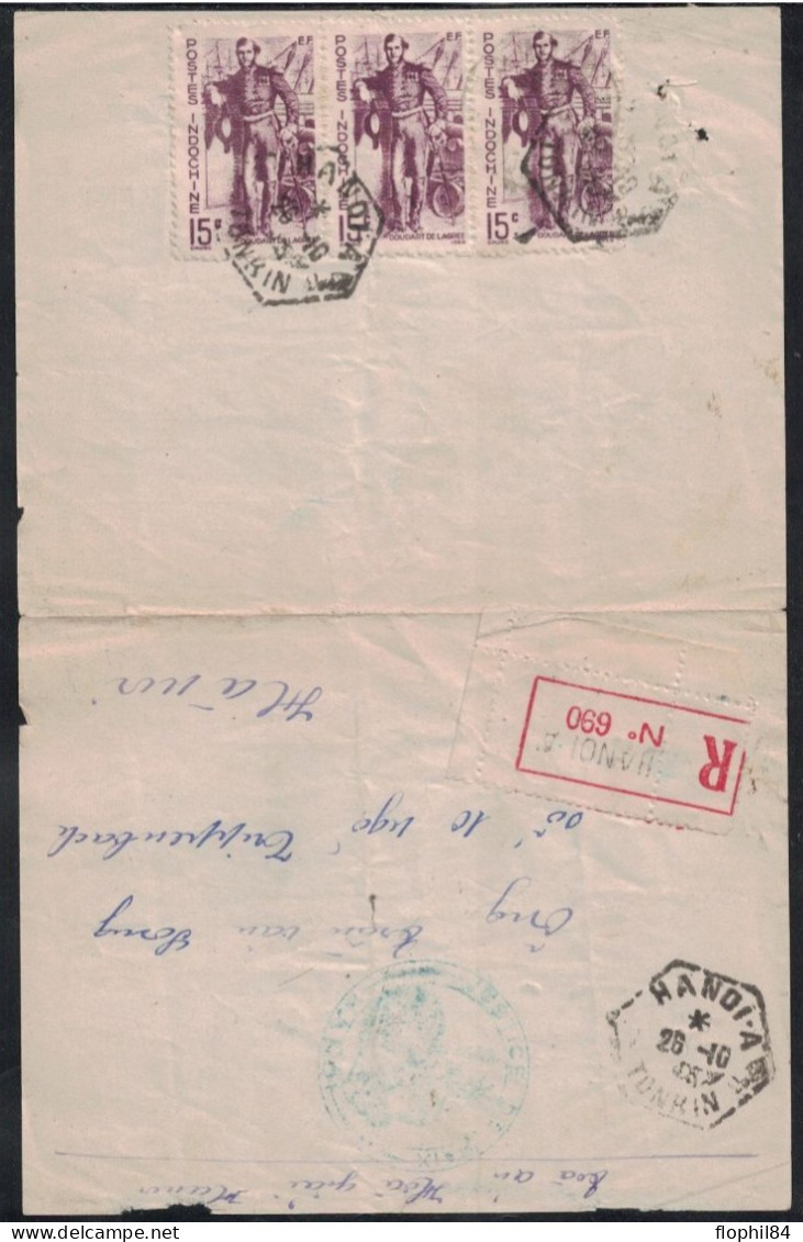 TONKIN - HANOI A - RECETTE AUXILIAIRE - LETTRE RECOMMANDEE - LE 26-10-1945 - AFFRANCHISSEMENT VERSO - BILLET D'AVERTISS - Covers & Documents