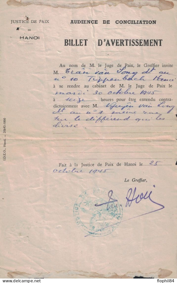 TONKIN - HANOI A - RECETTE AUXILIAIRE - LETTRE RECOMMANDEE - LE 26-10-1945 - AFFRANCHISSEMENT VERSO - BILLET D'AVERTISS - Storia Postale