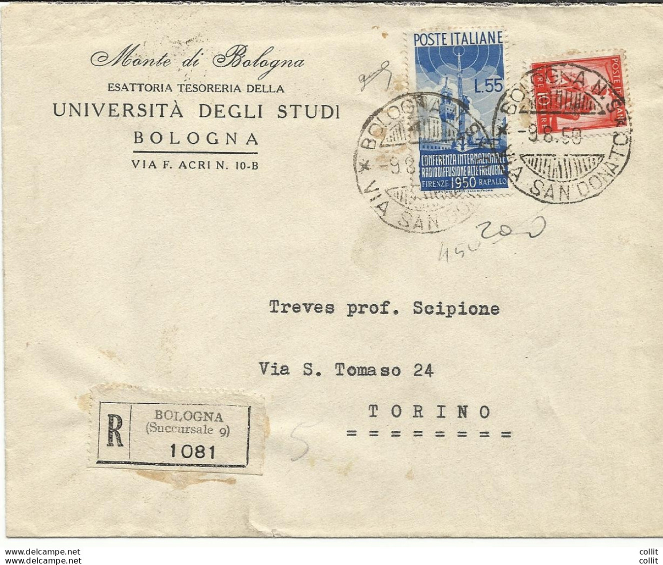 Radiodiffusione Lire 55 + Complementare Su Busta Da Bologna A Torino - 1946-60: Storia Postale