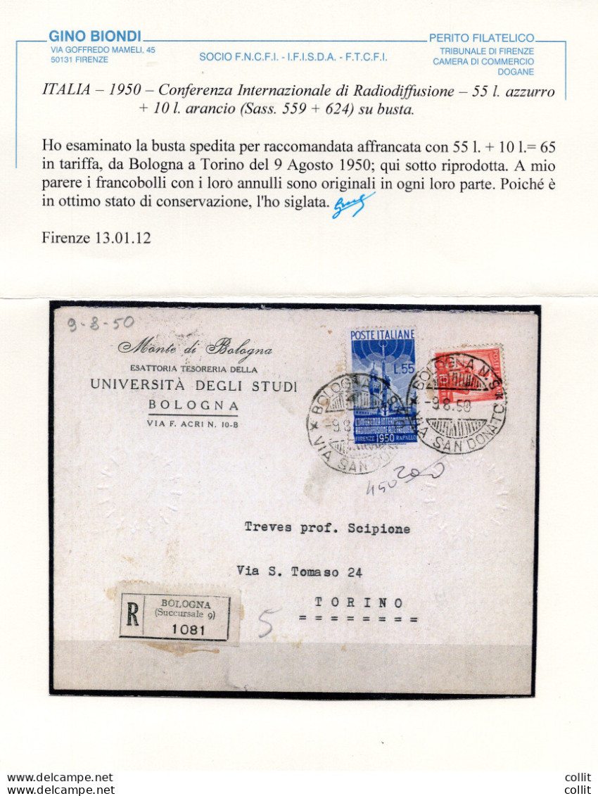 Radiodiffusione Lire 55 + Complementare Su Busta Da Bologna A Torino - 1946-60: Storia Postale