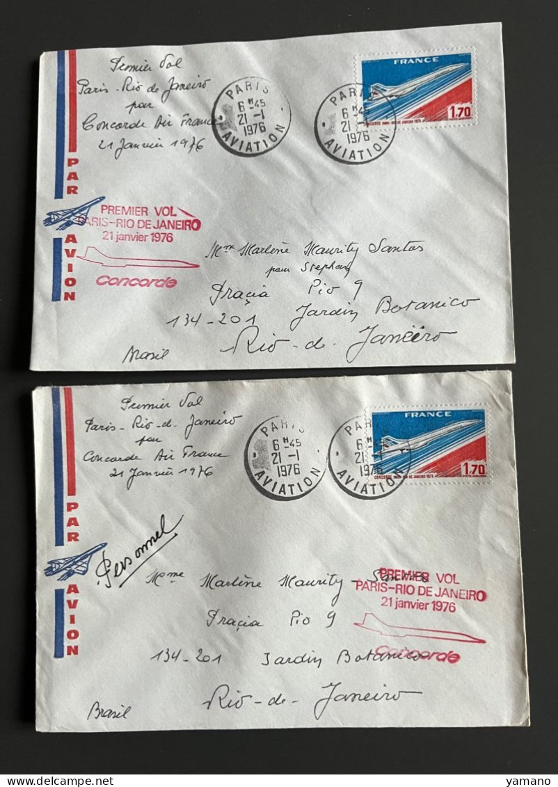 FRANCE 21 Janvier 1976 - 2 Enveloppes Premier Vol PARIS RIO Sur Le Concorde Air France - Briefe U. Dokumente